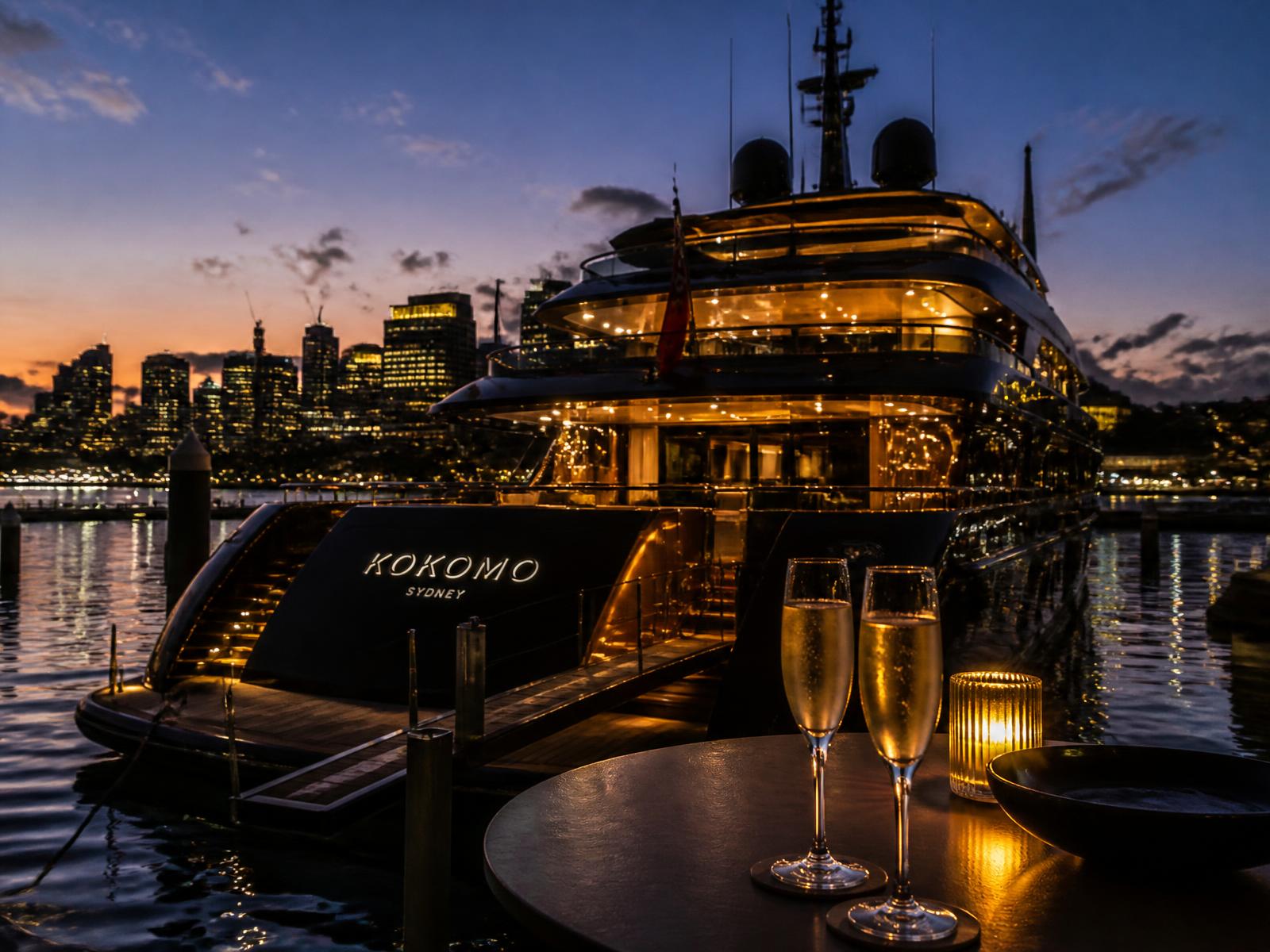 Superyacht lit at dusk on Sydney Harbour with champagne glasses in the foreground