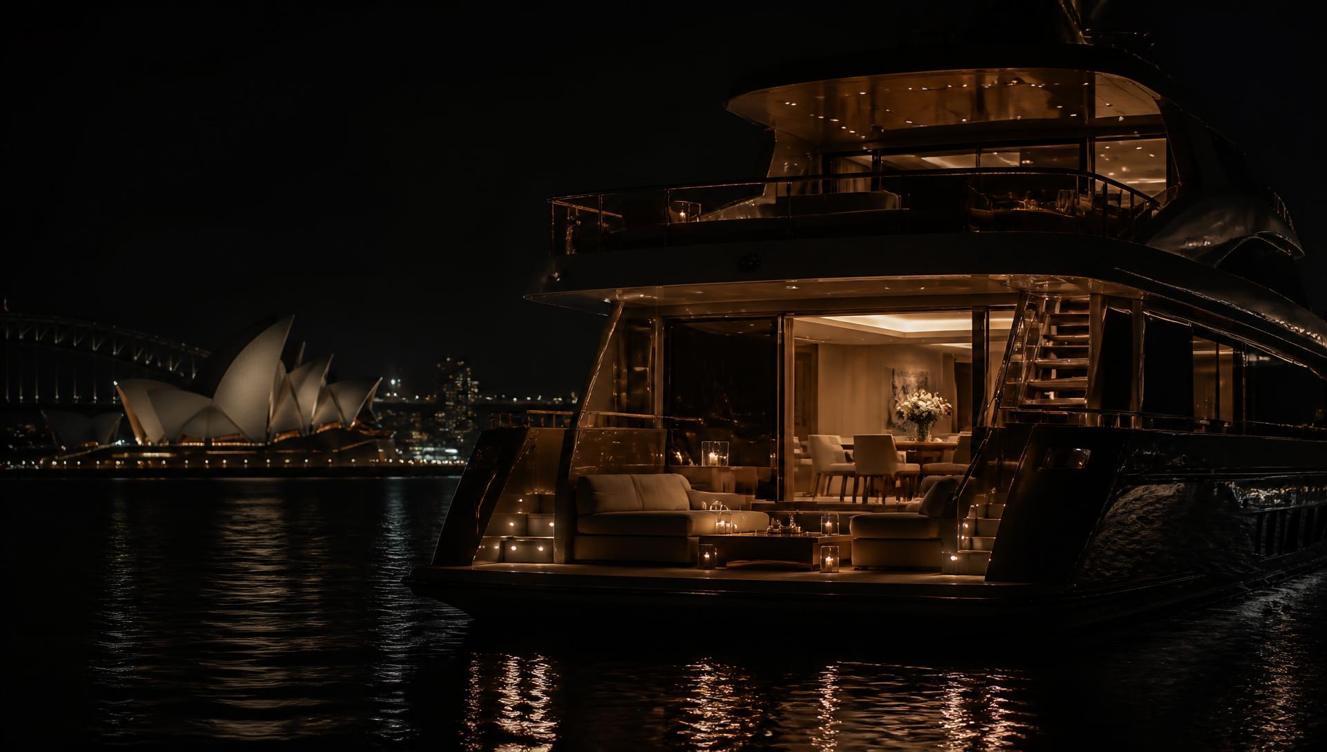 A private luxury yacht illuminated at night on Sydney Harbour