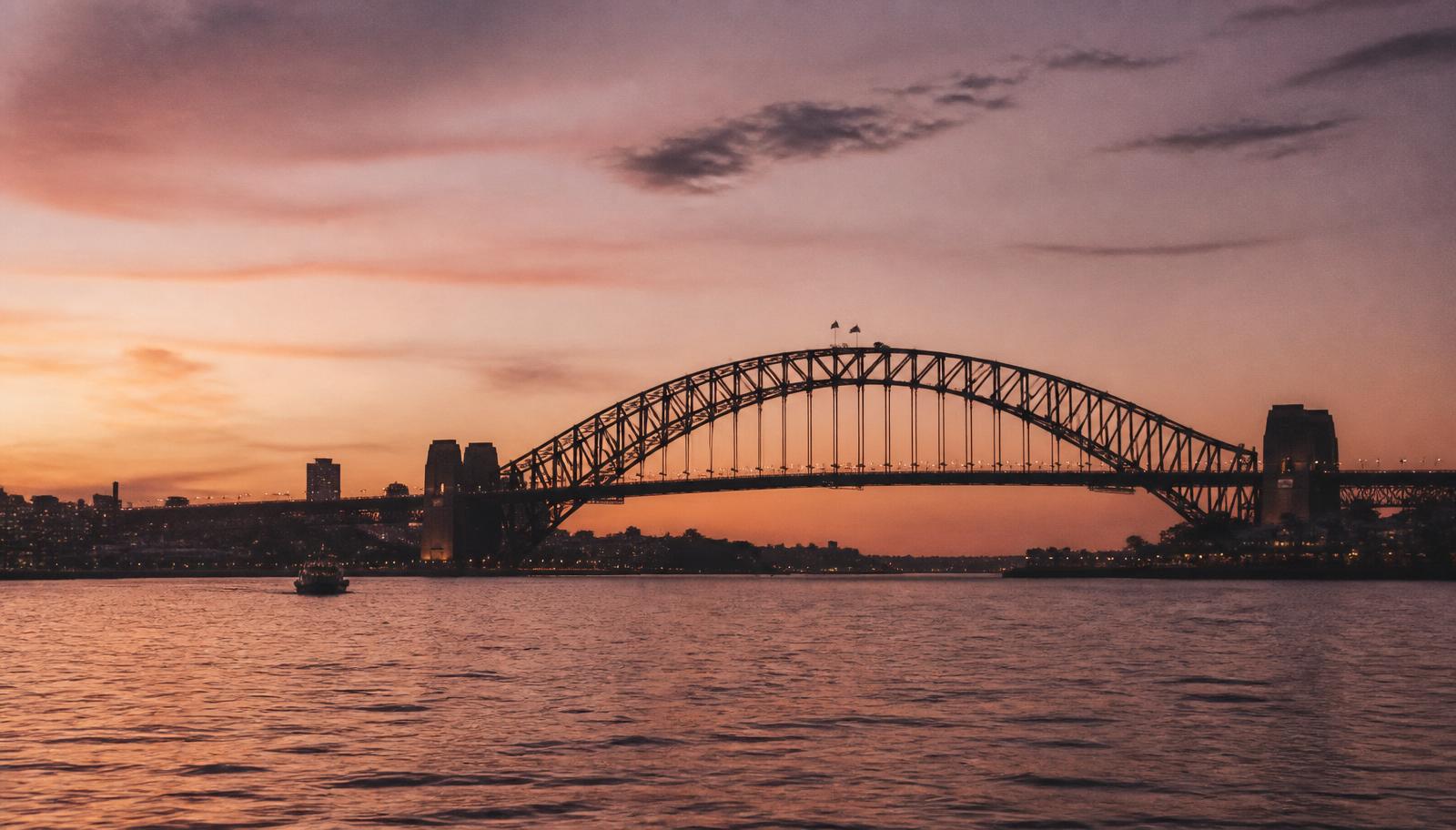 Sydney Harbour Bridge at dusk from the water