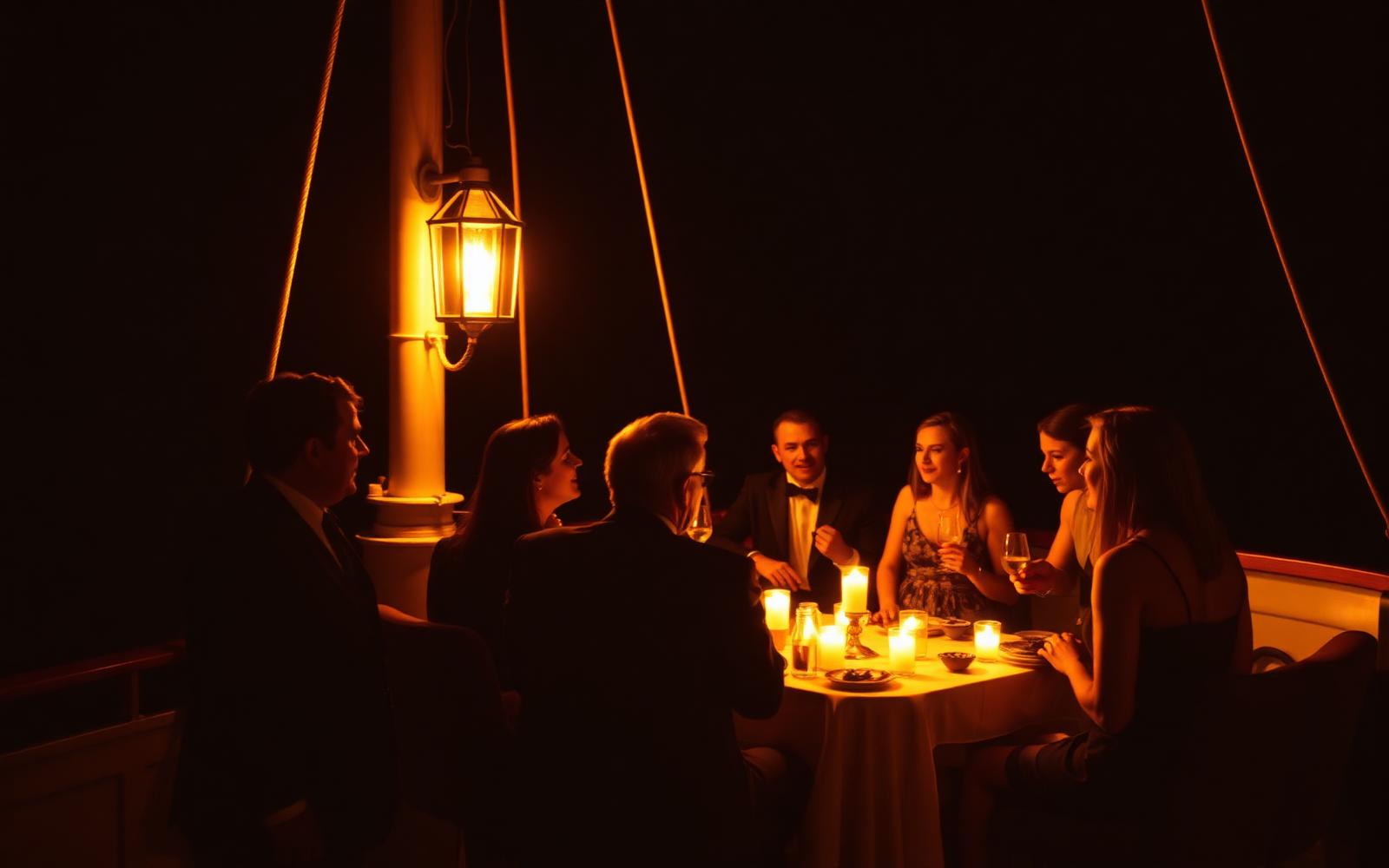 Guests in conversation on a candlelit deck at night
