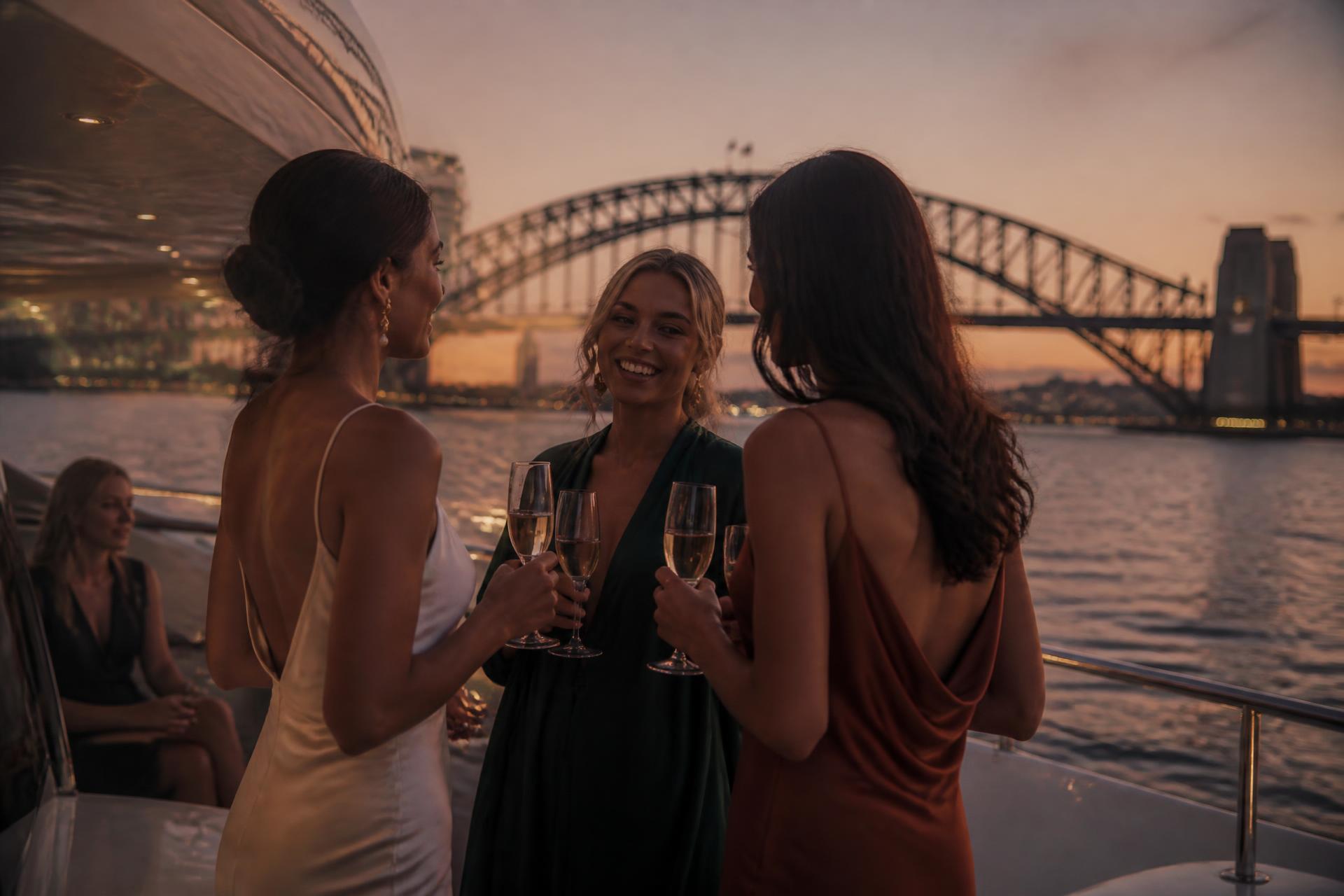 FemmeVoyage guests in evening wear aboard a private superyacht at dusk on Sydney Harbour